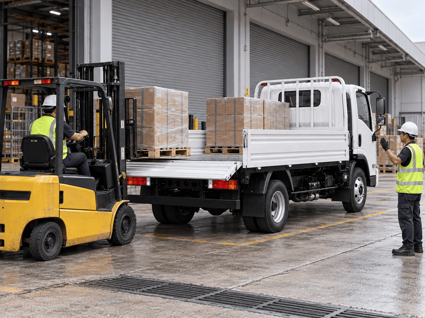 Forklift loading pallets onto the Higer EV H6T electric truck